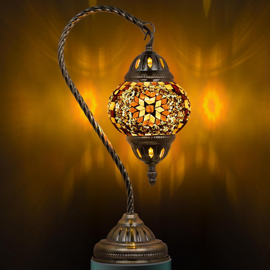 Tiffany Lamp Turkish Table Lamp with Vintage Style, Handmade Moroccan Lamps with Mosaic Stained Glass&Swan Neck Bronze Base Including LED Bulb for Living Room Bedroom Decor (Yellow)