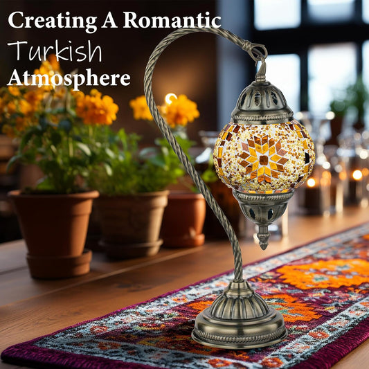 Tiffany Lamp Turkish Table Lamp with Vintage Style, Handmade Moroccan Lamps with Mosaic Stained Glass&Swan Neck Bronze Base Including LED Bulb for Living Room Bedroom Decor (Yellow)