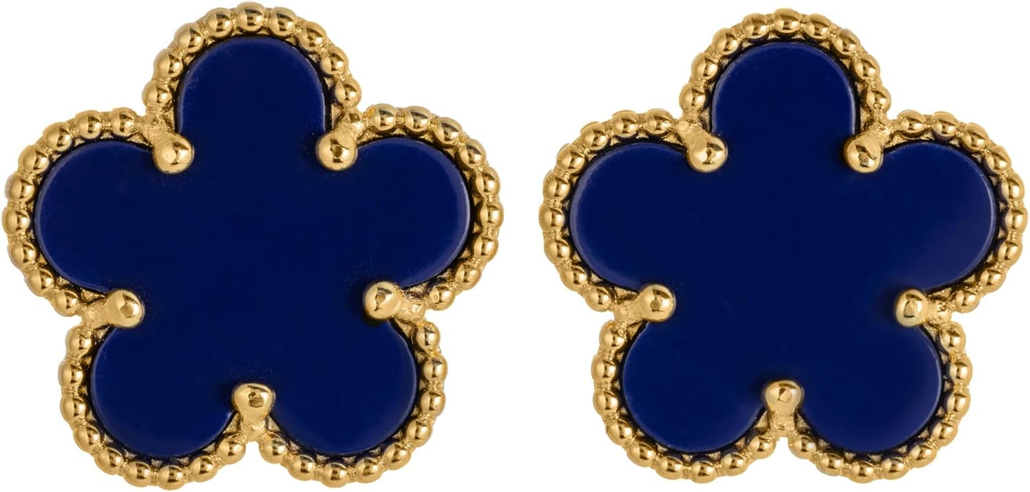 925 Sterling Silver 14K Yellow Gold Plated Hawaiian Plumeria Clover Flower Motif Beaded Stud Earrings, Nickle Free Hypoallergenic for Sensitive Skin, with Gift Box