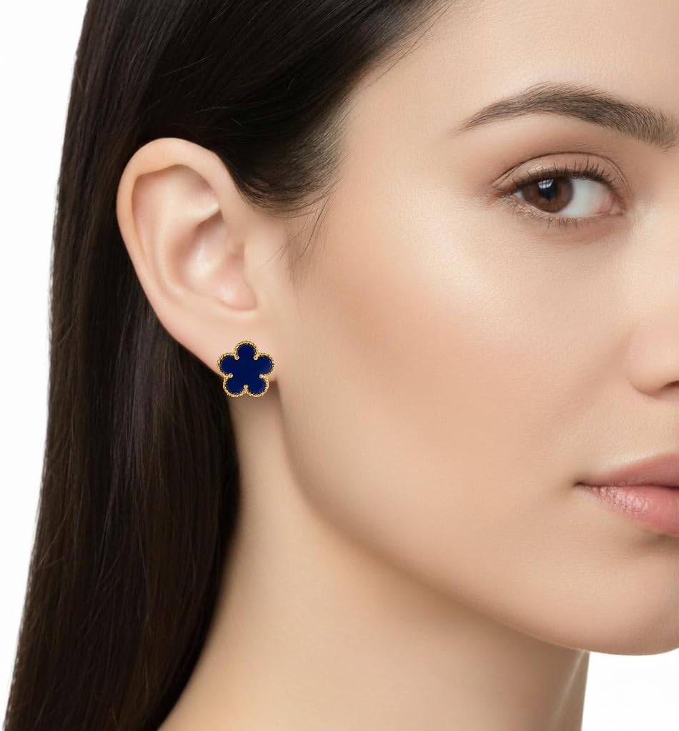 925 Sterling Silver 14K Yellow Gold Plated Hawaiian Plumeria Clover Flower Motif Beaded Stud Earrings, Nickle Free Hypoallergenic for Sensitive Skin, with Gift Box