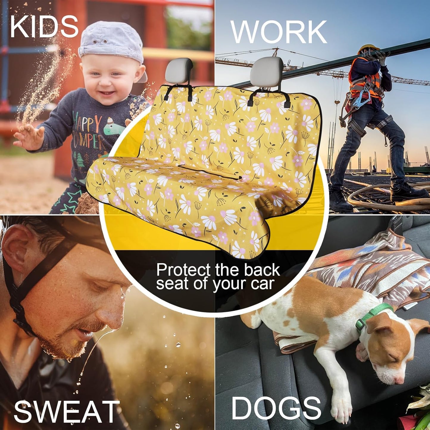 Back Seat Cover for Car Trucks Van SUV Jeep,Waterproof Rear Bench Towel Seat Covers for Dogs and Kids,Automotive Backseat Protector (Chamomile and Yellow)