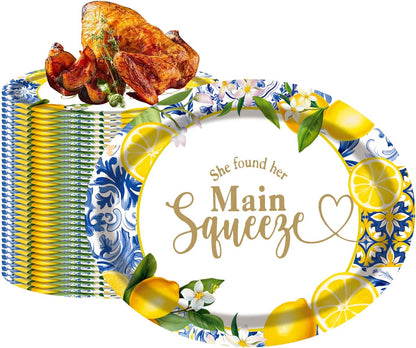 50 Pack Oval She Found Her Main Squeeze Plates, 13inch×10.6inch Lemon Disposable Dinnerware for Adults Lemon Weeding Engagement, Bridal Shower Decorations