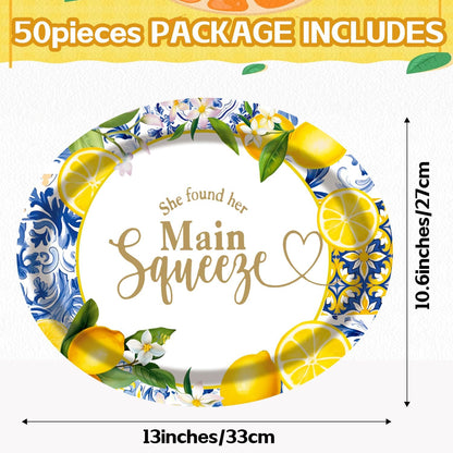 50 Pack Oval She Found Her Main Squeeze Plates, 13inch×10.6inch Lemon Disposable Dinnerware for Adults Lemon Weeding Engagement, Bridal Shower Decorations