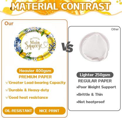50 Pack Oval She Found Her Main Squeeze Plates, 13inch×10.6inch Lemon Disposable Dinnerware for Adults Lemon Weeding Engagement, Bridal Shower Decorations