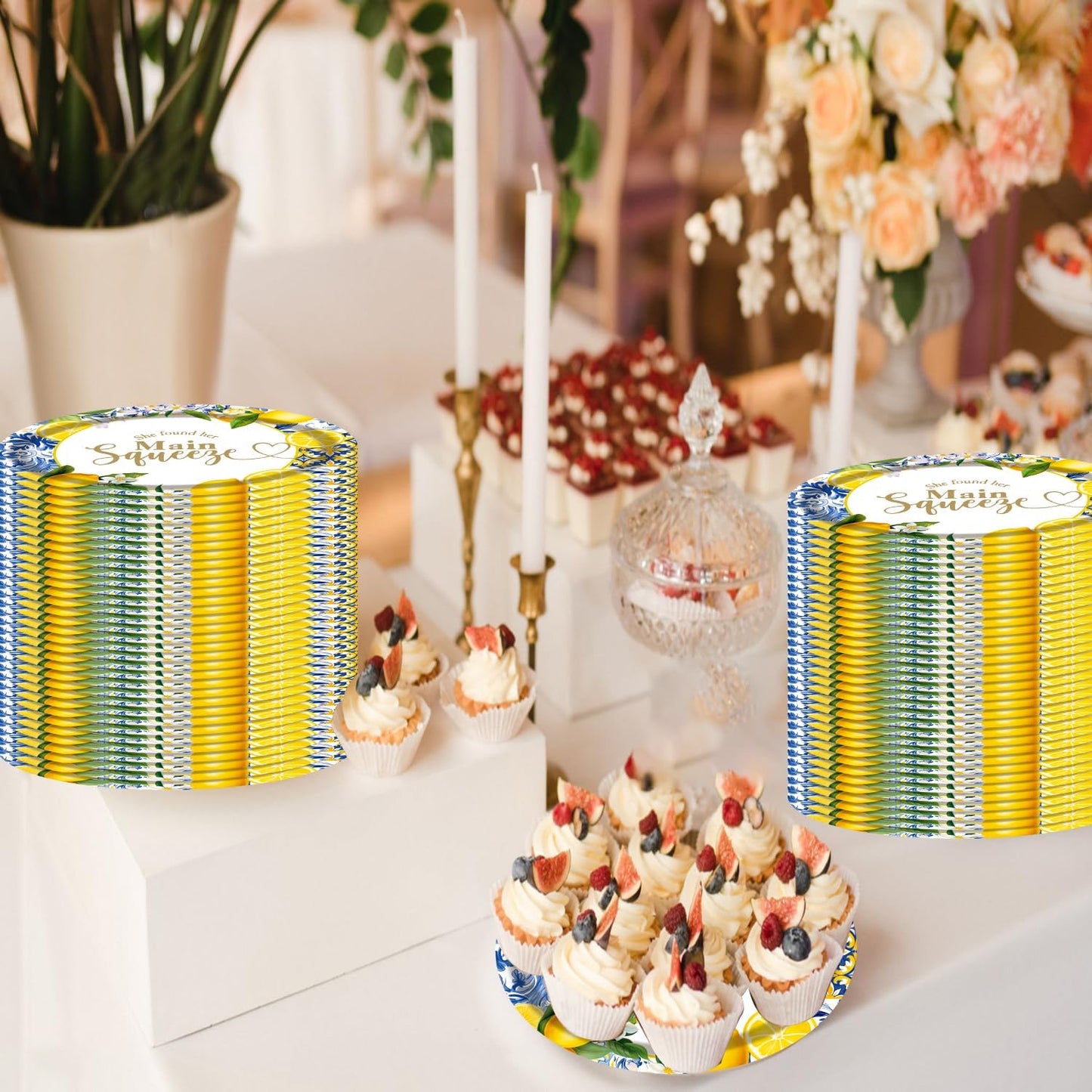50 Pack Oval She Found Her Main Squeeze Plates, 13inch×10.6inch Lemon Disposable Dinnerware for Adults Lemon Weeding Engagement, Bridal Shower Decorations