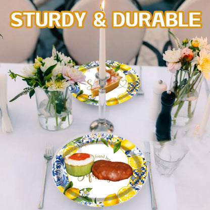 50 Pack Oval She Found Her Main Squeeze Plates, 13inch×10.6inch Lemon Disposable Dinnerware for Adults Lemon Weeding Engagement, Bridal Shower Decorations