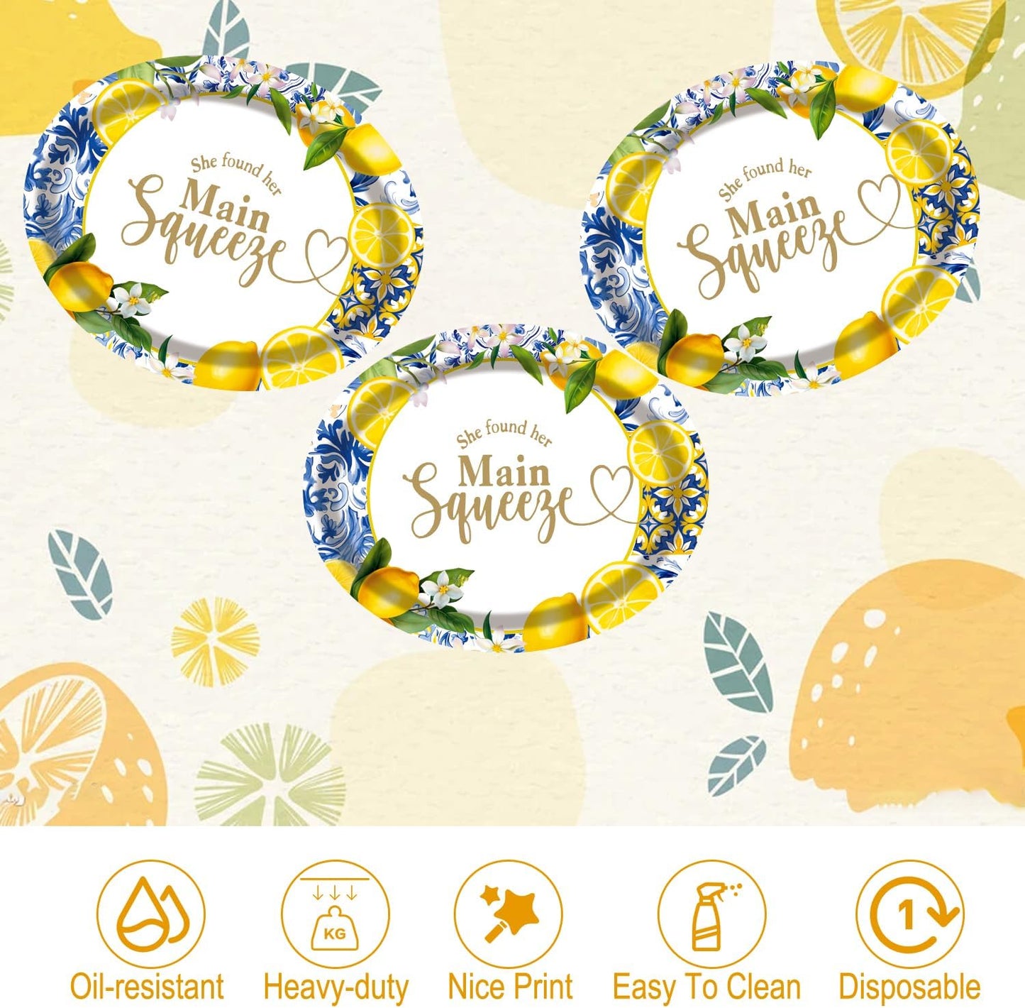 50 Pack Oval She Found Her Main Squeeze Plates, 13inch×10.6inch Lemon Disposable Dinnerware for Adults Lemon Weeding Engagement, Bridal Shower Decorations