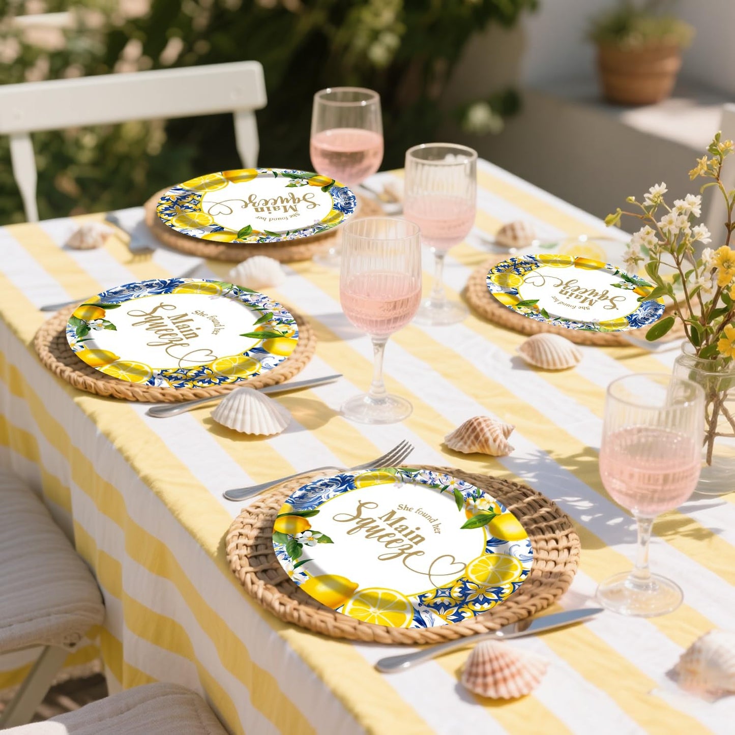 50 Pack Oval She Found Her Main Squeeze Plates, 13inch×10.6inch Lemon Disposable Dinnerware for Adults Lemon Weeding Engagement, Bridal Shower Decorations