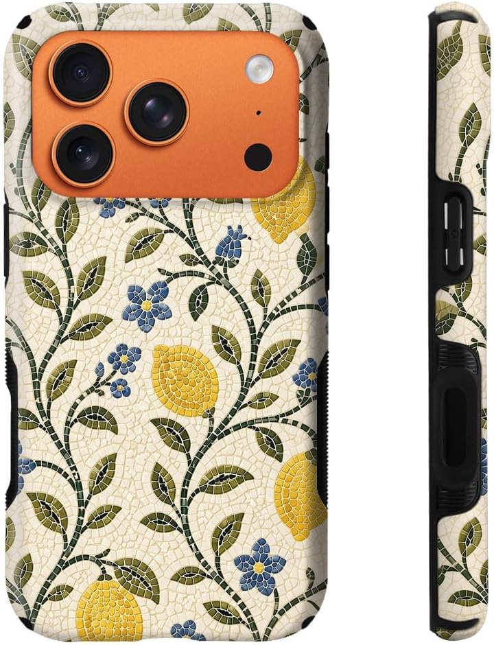 Case for iPhone 17 Pro Max,Mediterranean Lemon Blue Floral Mosaic Phone Case,Trendy Magsafe Silicone Shockproof Cover for Girl Women