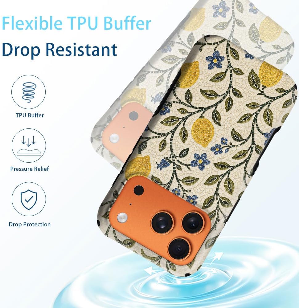 Case for iPhone 17 Pro Max,Mediterranean Lemon Blue Floral Mosaic Phone Case,Trendy Magsafe Silicone Shockproof Cover for Girl Women