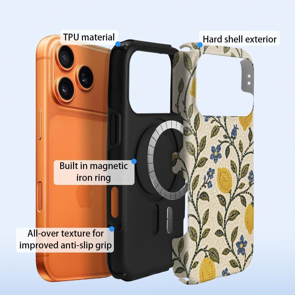 Case for iPhone 17 Pro Max,Mediterranean Lemon Blue Floral Mosaic Phone Case,Trendy Magsafe Silicone Shockproof Cover for Girl Women