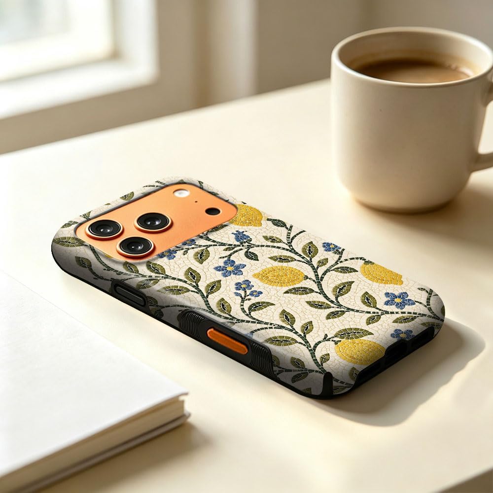 Case for iPhone 17 Pro Max,Mediterranean Lemon Blue Floral Mosaic Phone Case,Trendy Magsafe Silicone Shockproof Cover for Girl Women