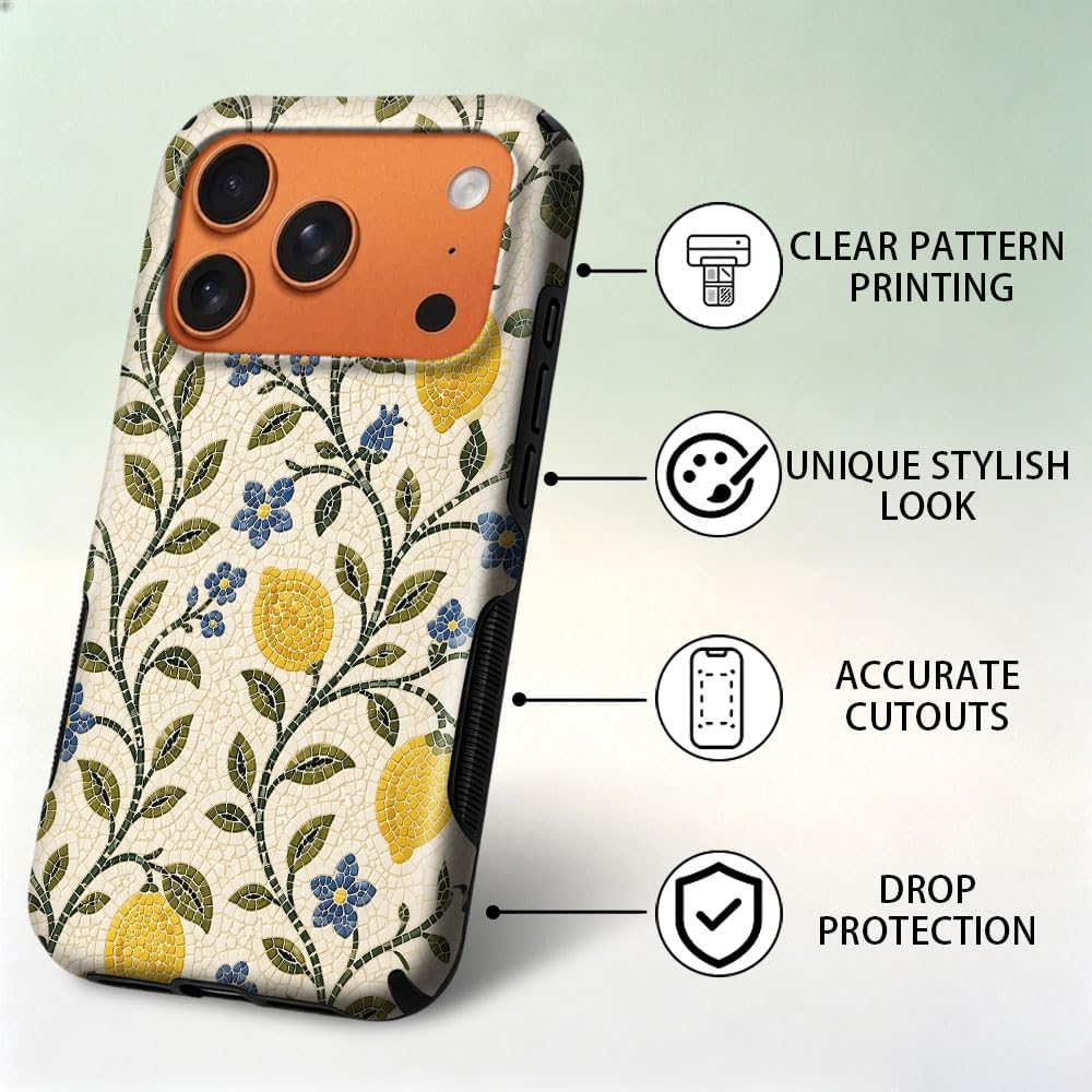 Case for iPhone 17 Pro Max,Mediterranean Lemon Blue Floral Mosaic Phone Case,Trendy Magsafe Silicone Shockproof Cover for Girl Women