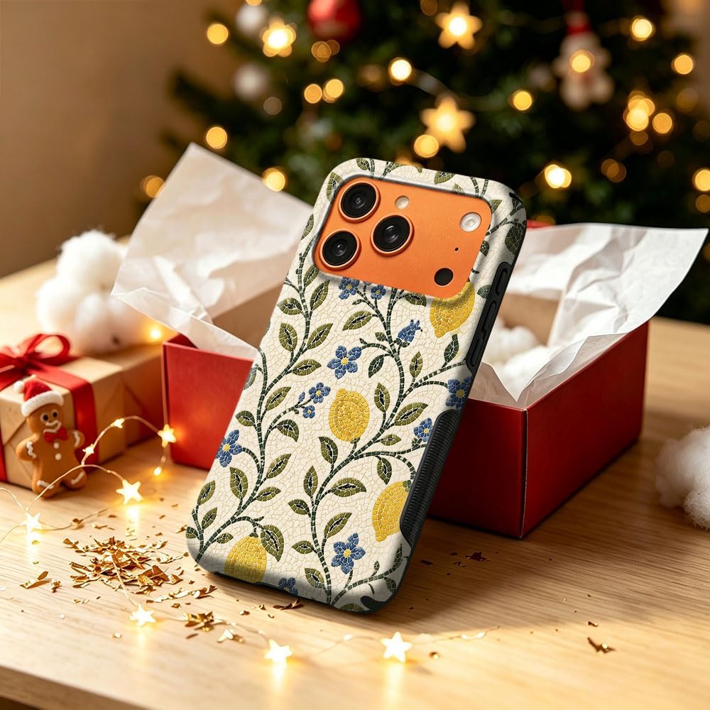 Case for iPhone 17 Pro Max,Mediterranean Lemon Blue Floral Mosaic Phone Case,Trendy Magsafe Silicone Shockproof Cover for Girl Women
