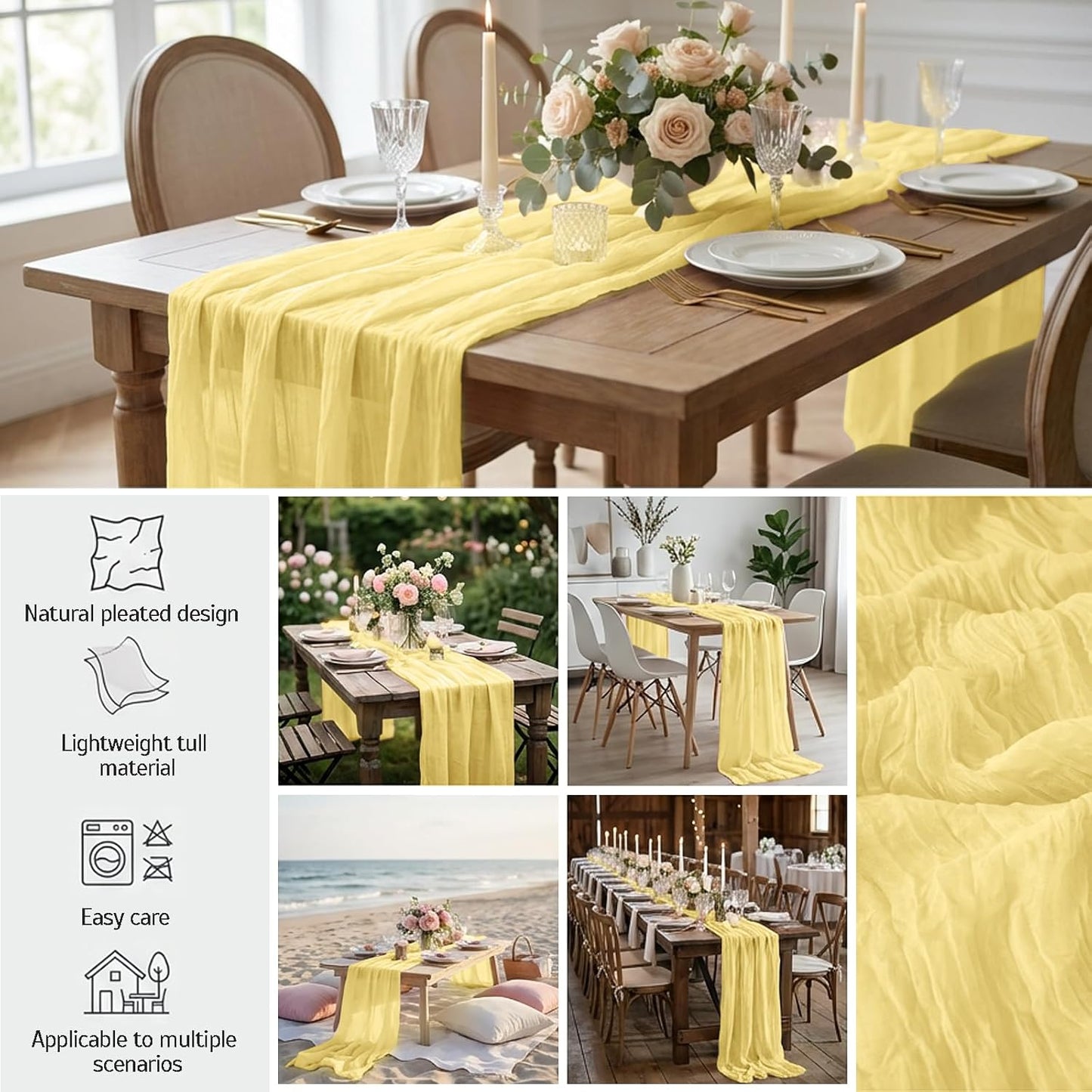 10 Pack Light Yellow Cheesecloth Table Runner,10FT/120 Inch Spring Easter Boho Gauze Fabric Table Runner,Rustic Sheer Baby Yellow Cheese Cloth Runner Bulk for Wedding,Bridal Baby Shower,Table Decor