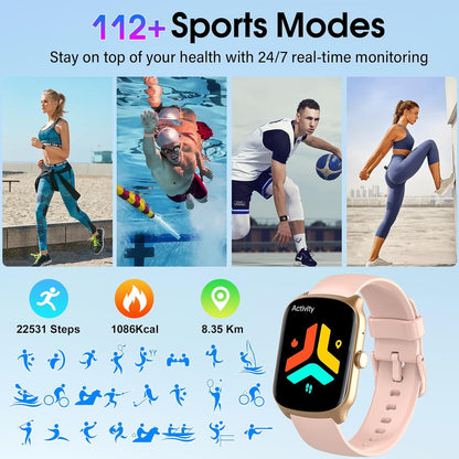 Smart Watch for Men Women, 1.95" HD Smartwatch (Dial/Answer Calls) | Heart Rate/Sleep Monitor Fitness Smartwatch, Curved Screen Watches, 112+ Sports Modes Activity Trackers,IP68 Waterproof, Pink