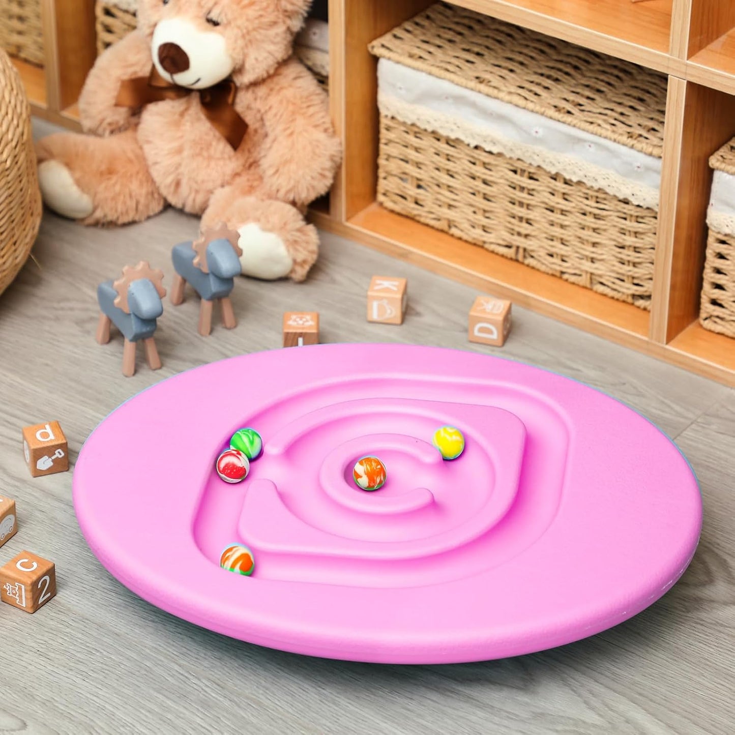 Kids Maze Balance Board Plastic Wobble Rocker Balance Board with Mini Balls Load 170lb for Balancing Exercise Equipment Game Boys Girls Physical Therapy 18.5 x 14.57 Inch(Yellow,Cute)