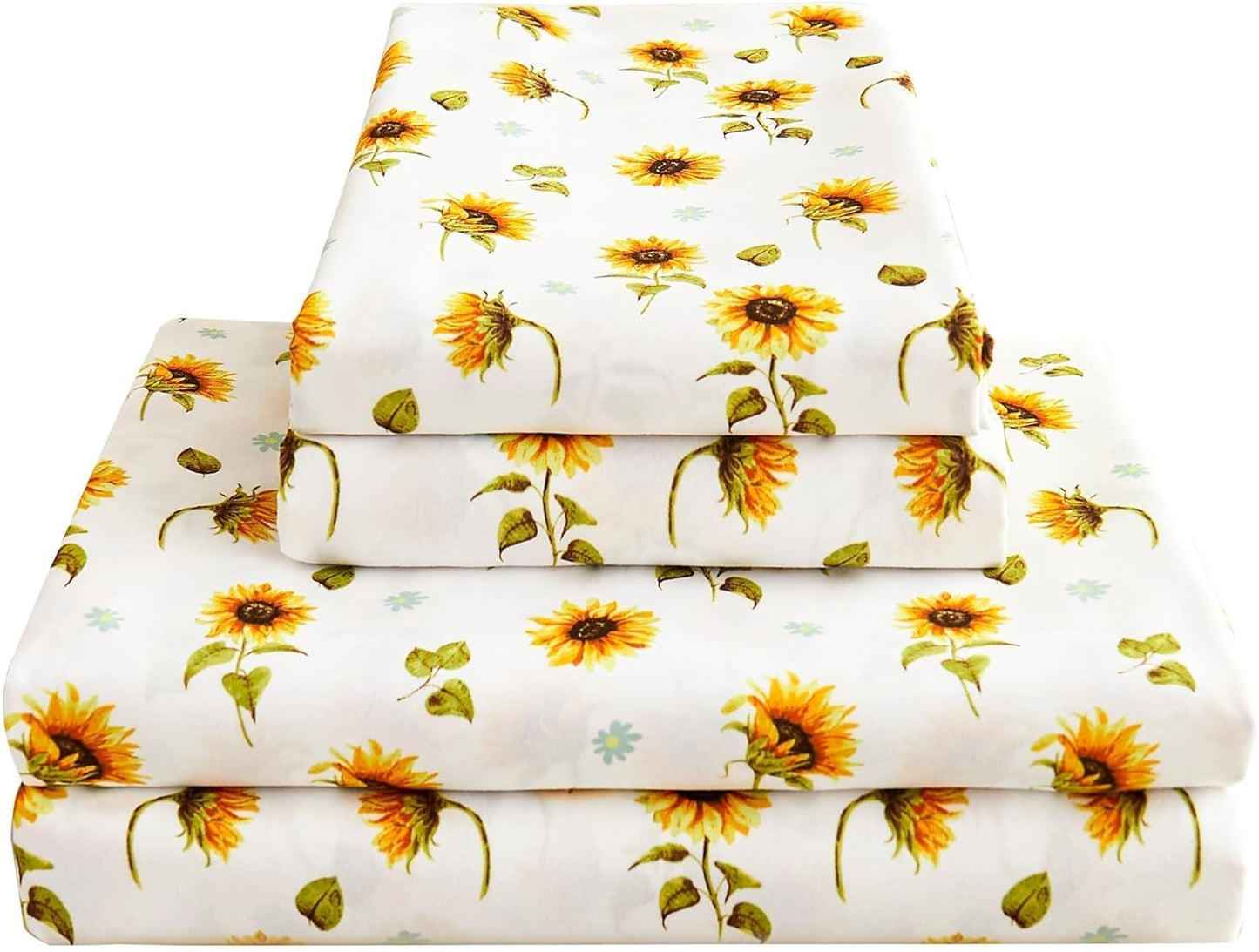 Floral Sheet Set Queen, Sunflower Printed Bed Sheets Queen, Cozy Double Brushed Microfiber Fitted Sheet with 15" Deep Pocket and Corner Straps, Cute Yellow Flower Sheet & Pillowcase Sets