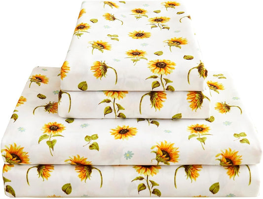 Floral Sheet Set Queen, Sunflower Printed Bed Sheets Queen, Cozy Double Brushed Microfiber Fitted Sheet with 15" Deep Pocket and Corner Straps, Cute Yellow Flower Sheet & Pillowcase Sets