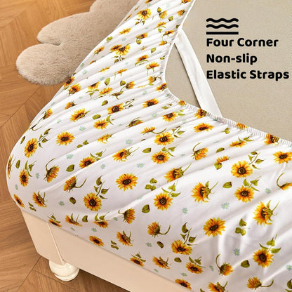 Floral Sheet Set Queen, Sunflower Printed Bed Sheets Queen, Cozy Double Brushed Microfiber Fitted Sheet with 15" Deep Pocket and Corner Straps, Cute Yellow Flower Sheet & Pillowcase Sets