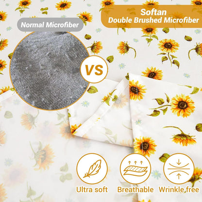 Floral Sheet Set Queen, Sunflower Printed Bed Sheets Queen, Cozy Double Brushed Microfiber Fitted Sheet with 15" Deep Pocket and Corner Straps, Cute Yellow Flower Sheet & Pillowcase Sets