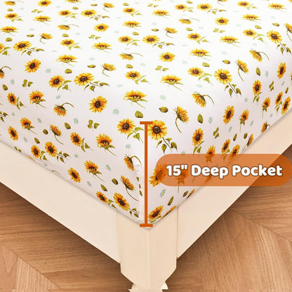 Floral Sheet Set Queen, Sunflower Printed Bed Sheets Queen, Cozy Double Brushed Microfiber Fitted Sheet with 15" Deep Pocket and Corner Straps, Cute Yellow Flower Sheet & Pillowcase Sets