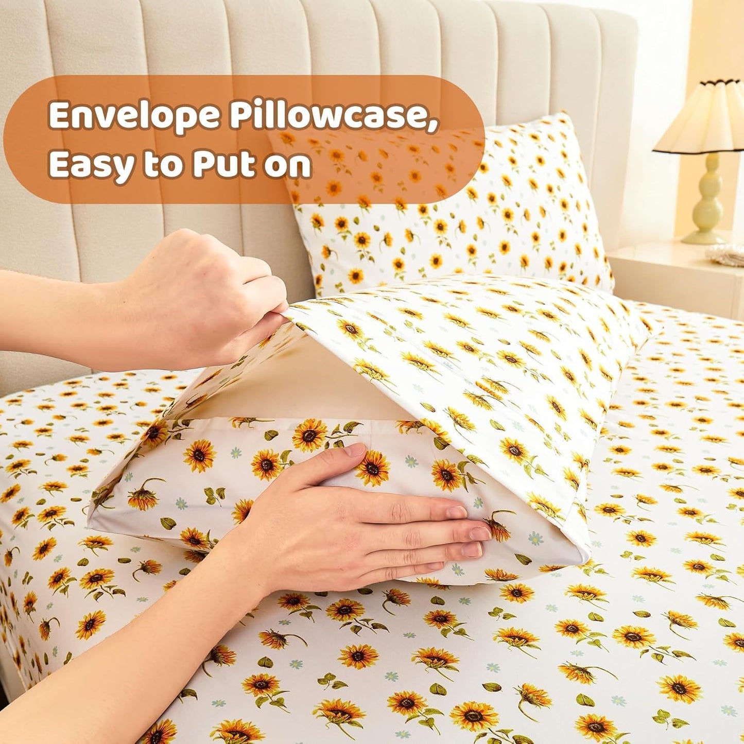 Floral Sheet Set Queen, Sunflower Printed Bed Sheets Queen, Cozy Double Brushed Microfiber Fitted Sheet with 15" Deep Pocket and Corner Straps, Cute Yellow Flower Sheet & Pillowcase Sets
