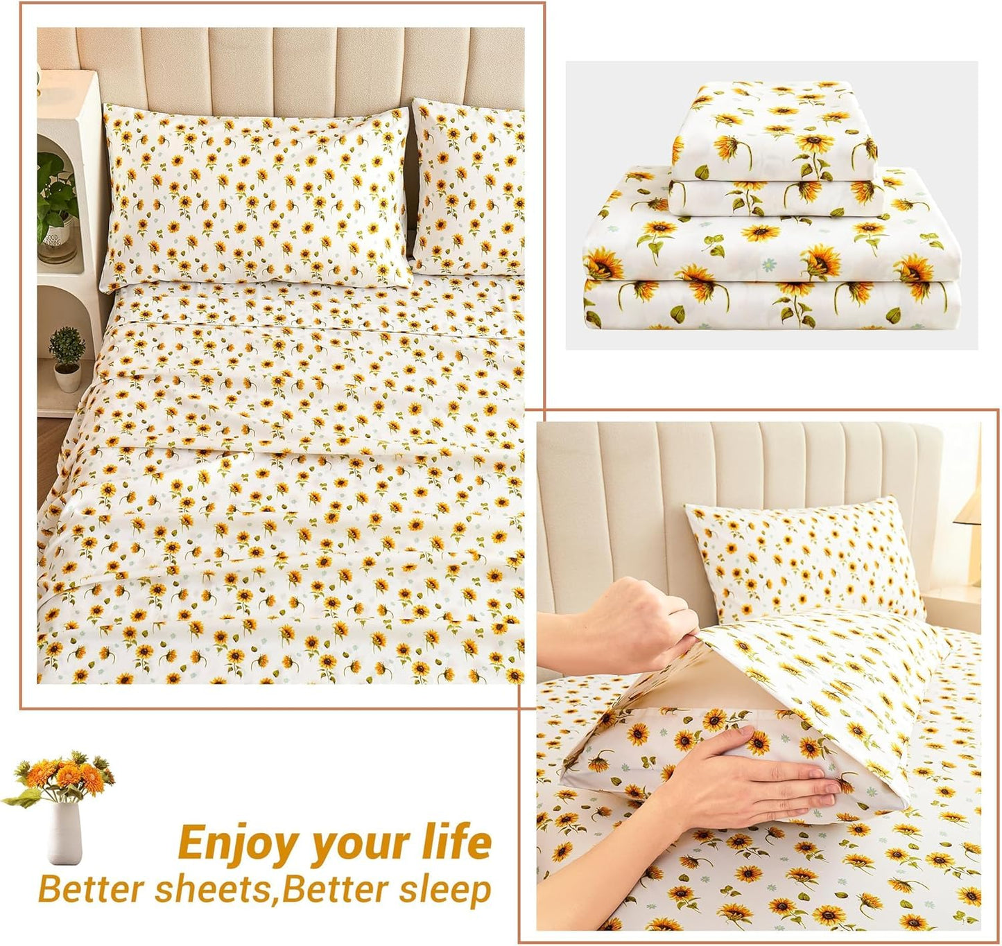 Floral Sheet Set Queen, Sunflower Printed Bed Sheets Queen, Cozy Double Brushed Microfiber Fitted Sheet with 15" Deep Pocket and Corner Straps, Cute Yellow Flower Sheet & Pillowcase Sets