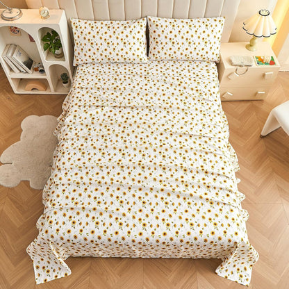 Floral Sheet Set Queen, Sunflower Printed Bed Sheets Queen, Cozy Double Brushed Microfiber Fitted Sheet with 15" Deep Pocket and Corner Straps, Cute Yellow Flower Sheet & Pillowcase Sets