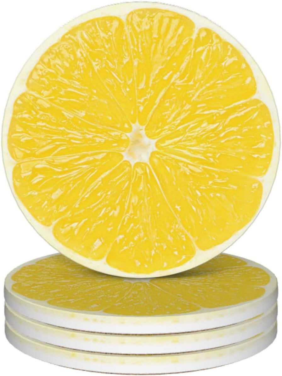 Yellow Lemon Slices Coasters for Drinks Set of 4, Funny Fruit Ceramic Coasters with Cork Base Absorbent for Dining Tables Restaurants Cafes Home Decor,Housewarming Gift,Round