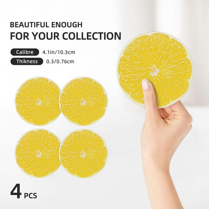 Yellow Lemon Slices Coasters for Drinks Set of 4, Funny Fruit Ceramic Coasters with Cork Base Absorbent for Dining Tables Restaurants Cafes Home Decor,Housewarming Gift,Round