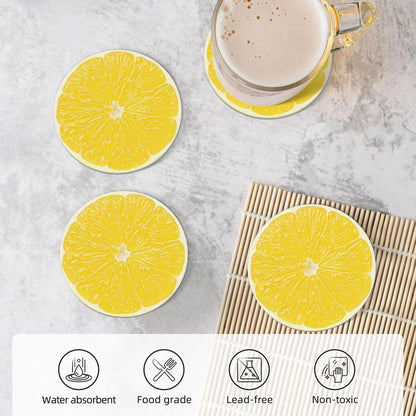 Yellow Lemon Slices Coasters for Drinks Set of 4, Funny Fruit Ceramic Coasters with Cork Base Absorbent for Dining Tables Restaurants Cafes Home Decor,Housewarming Gift,Round