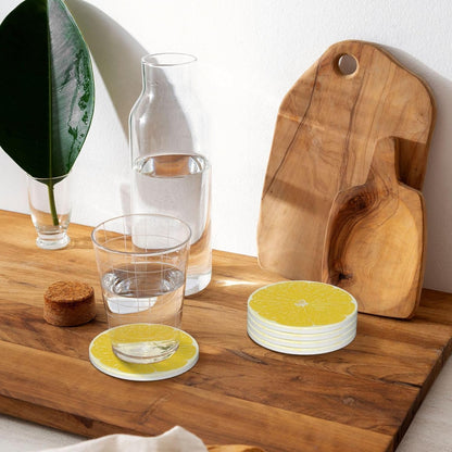 Yellow Lemon Slices Coasters for Drinks Set of 4, Funny Fruit Ceramic Coasters with Cork Base Absorbent for Dining Tables Restaurants Cafes Home Decor,Housewarming Gift,Round