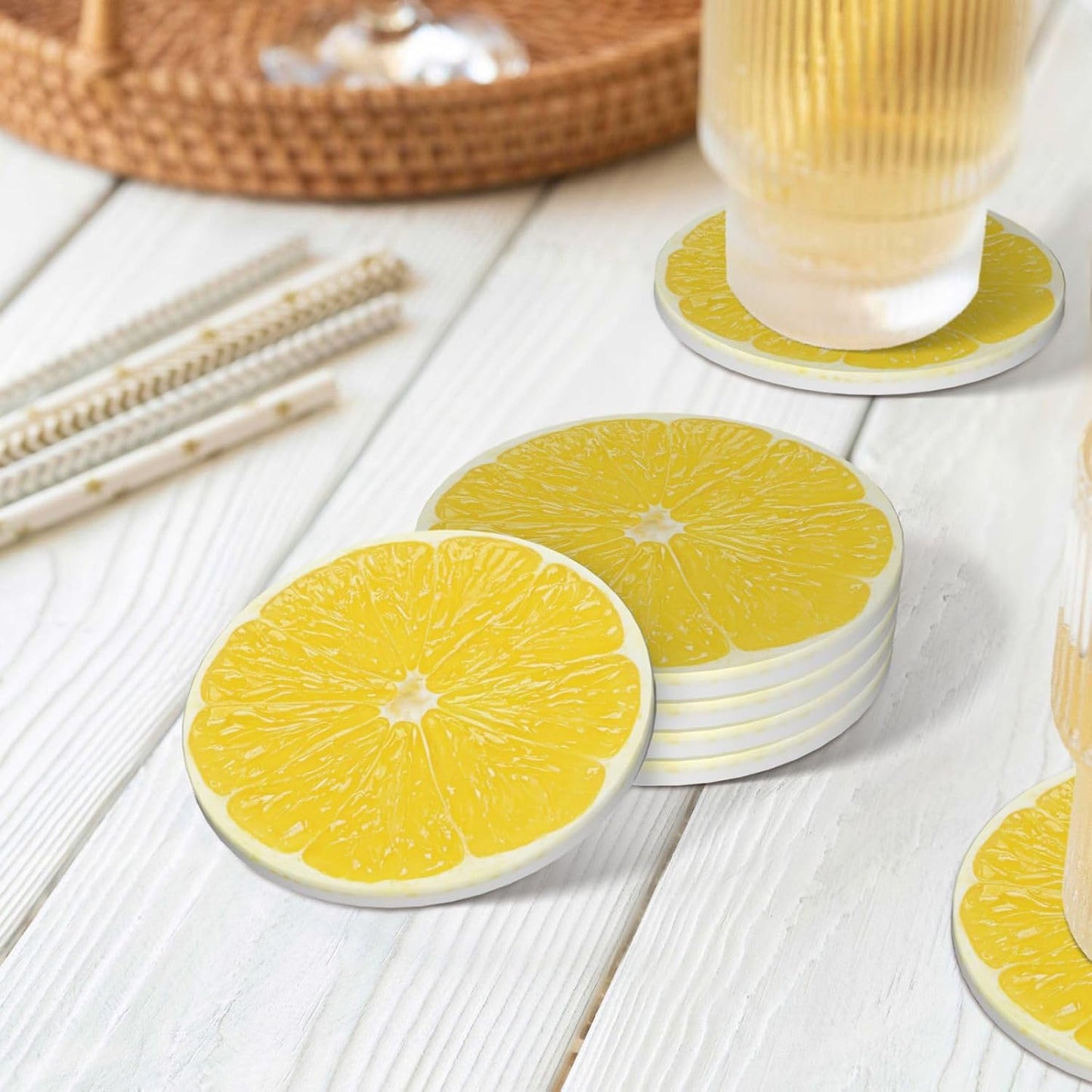 Yellow Lemon Slices Coasters for Drinks Set of 4, Funny Fruit Ceramic Coasters with Cork Base Absorbent for Dining Tables Restaurants Cafes Home Decor,Housewarming Gift,Round