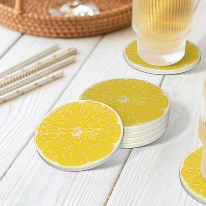 Yellow Lemon Slices Coasters for Drinks Set of 4, Funny Fruit Ceramic Coasters with Cork Base Absorbent for Dining Tables Restaurants Cafes Home Decor,Housewarming Gift,Round