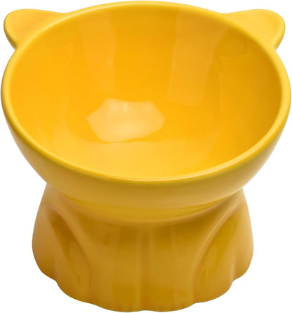 Elevated Cat Food Bowl,9 Oz Ceramic Raised and Tilted Water Bowl,Anti Vomiting and Protect Pets Spines Dishes for Fat Faced Cat, Indoor Cats,Kitten,Small Dog (Yellow)