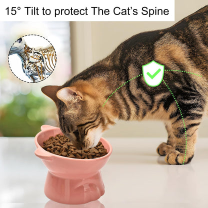 Elevated Cat Food Bowl,9 Oz Ceramic Raised and Tilted Water Bowl,Anti Vomiting and Protect Pets Spines Dishes for Fat Faced Cat, Indoor Cats,Kitten,Small Dog (Yellow)