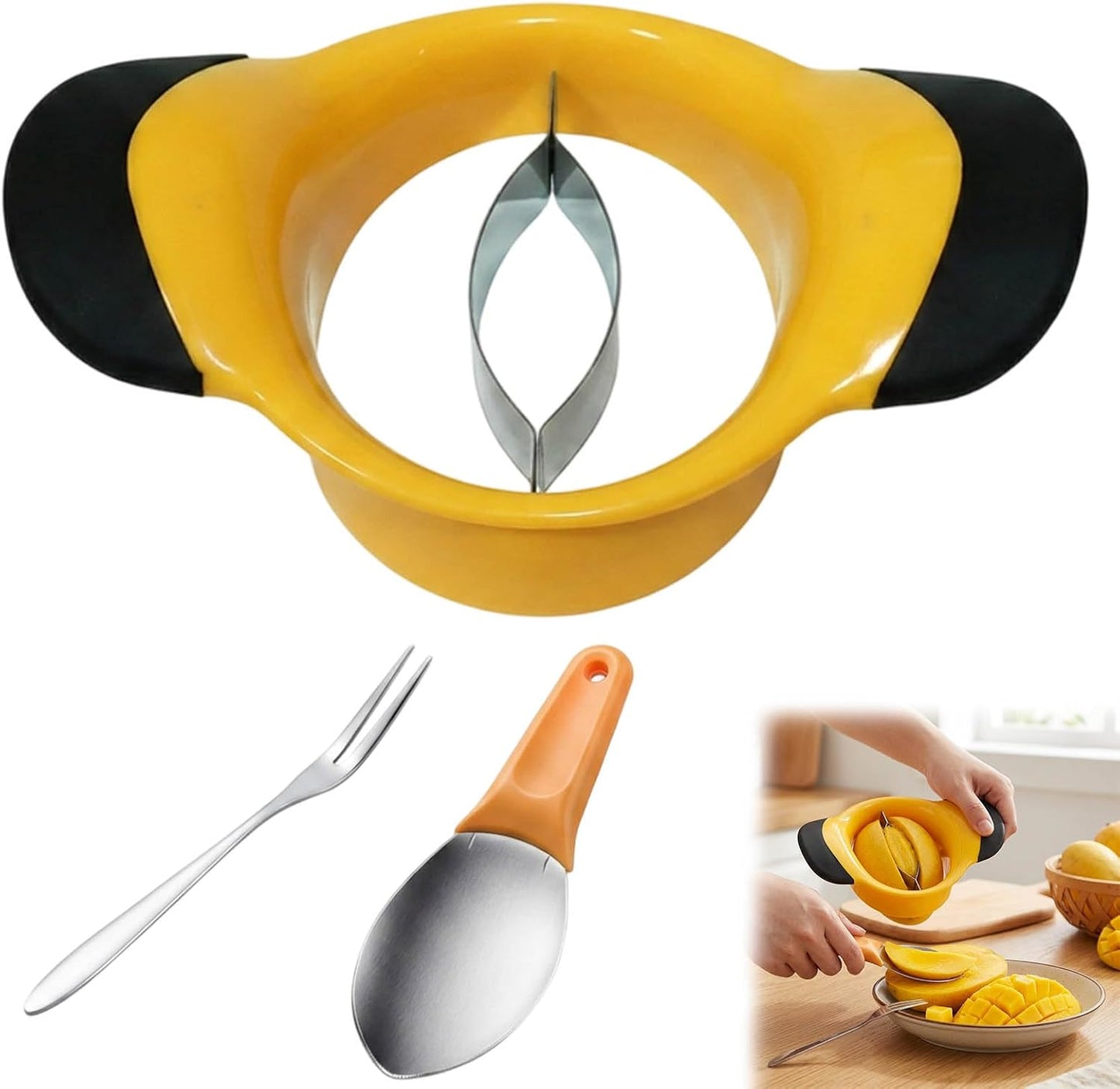 3-Piece Mango Slicer, Mango Cutter, Mango Peeler, Large Yellow Mango Slicer, Small Mango Scoop, Pointed Fruit Fork for Easy Mango Preparation and Serving, Professional Kitchen Tool