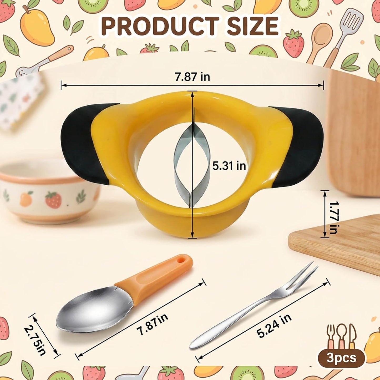 3-Piece Mango Slicer, Mango Cutter, Mango Peeler, Large Yellow Mango Slicer, Small Mango Scoop, Pointed Fruit Fork for Easy Mango Preparation and Serving, Professional Kitchen Tool