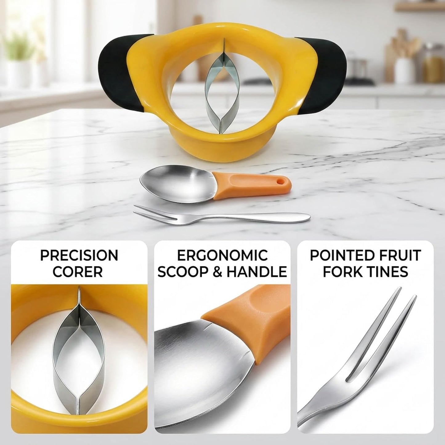 3-Piece Mango Slicer, Mango Cutter, Mango Peeler, Large Yellow Mango Slicer, Small Mango Scoop, Pointed Fruit Fork for Easy Mango Preparation and Serving, Professional Kitchen Tool