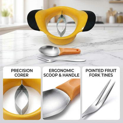 3-Piece Mango Slicer, Mango Cutter, Mango Peeler, Large Yellow Mango Slicer, Small Mango Scoop, Pointed Fruit Fork for Easy Mango Preparation and Serving, Professional Kitchen Tool