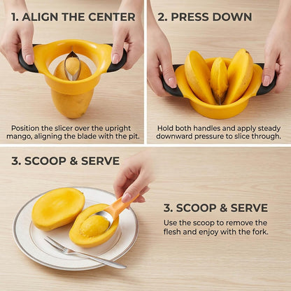 3-Piece Mango Slicer, Mango Cutter, Mango Peeler, Large Yellow Mango Slicer, Small Mango Scoop, Pointed Fruit Fork for Easy Mango Preparation and Serving, Professional Kitchen Tool