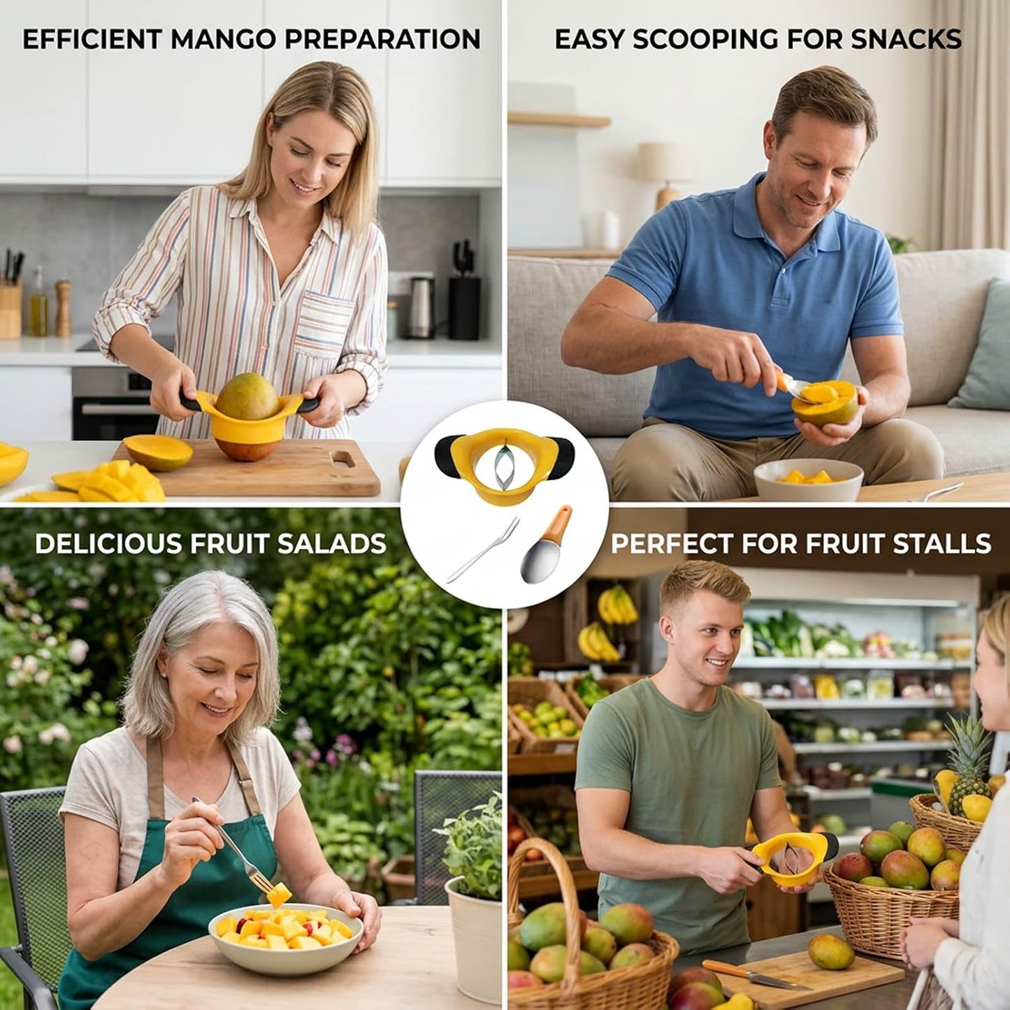 3-Piece Mango Slicer, Mango Cutter, Mango Peeler, Large Yellow Mango Slicer, Small Mango Scoop, Pointed Fruit Fork for Easy Mango Preparation and Serving, Professional Kitchen Tool