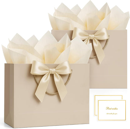Gift Bags Medium with Handles 2PCS for Wedding Birthday(Champagne) | With 4 Tissue Paper 2 Ribbons 2 Cards, Cute Gifts Wrap Bag for Women Men Girls Bridal Baby Shower Engagement & Anniversary
