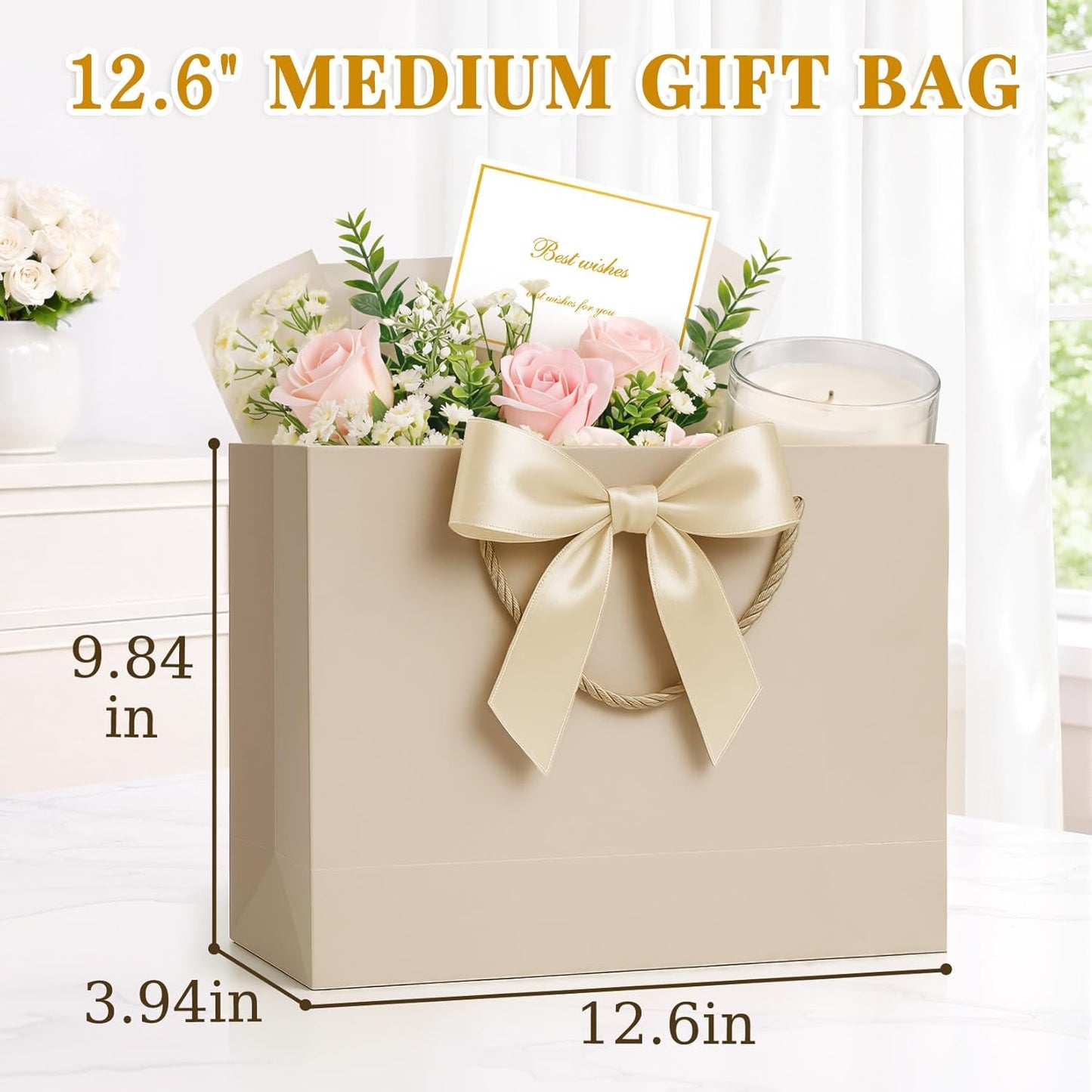 Gift Bags Medium with Handles 2PCS for Wedding Birthday(Champagne) | With 4 Tissue Paper 2 Ribbons 2 Cards, Cute Gifts Wrap Bag for Women Men Girls Bridal Baby Shower Engagement & Anniversary