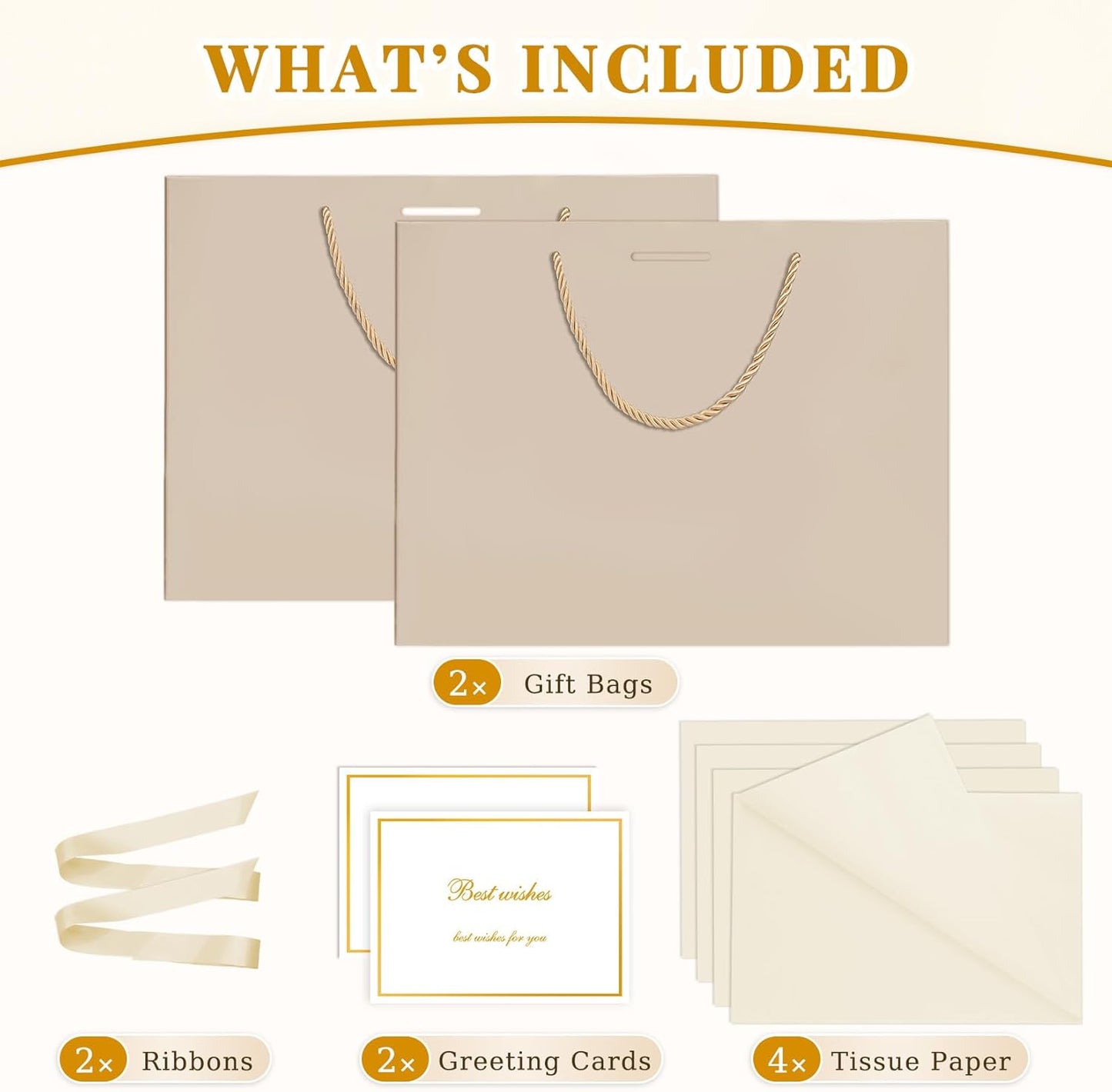 Gift Bags Medium with Handles 2PCS for Wedding Birthday(Champagne) | With 4 Tissue Paper 2 Ribbons 2 Cards, Cute Gifts Wrap Bag for Women Men Girls Bridal Baby Shower Engagement & Anniversary