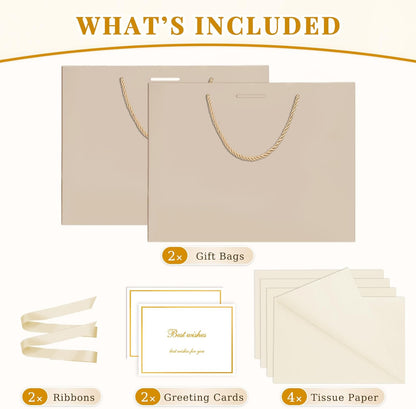 Gift Bags Medium with Handles 2PCS for Wedding Birthday(Champagne) | With 4 Tissue Paper 2 Ribbons 2 Cards, Cute Gifts Wrap Bag for Women Men Girls Bridal Baby Shower Engagement & Anniversary