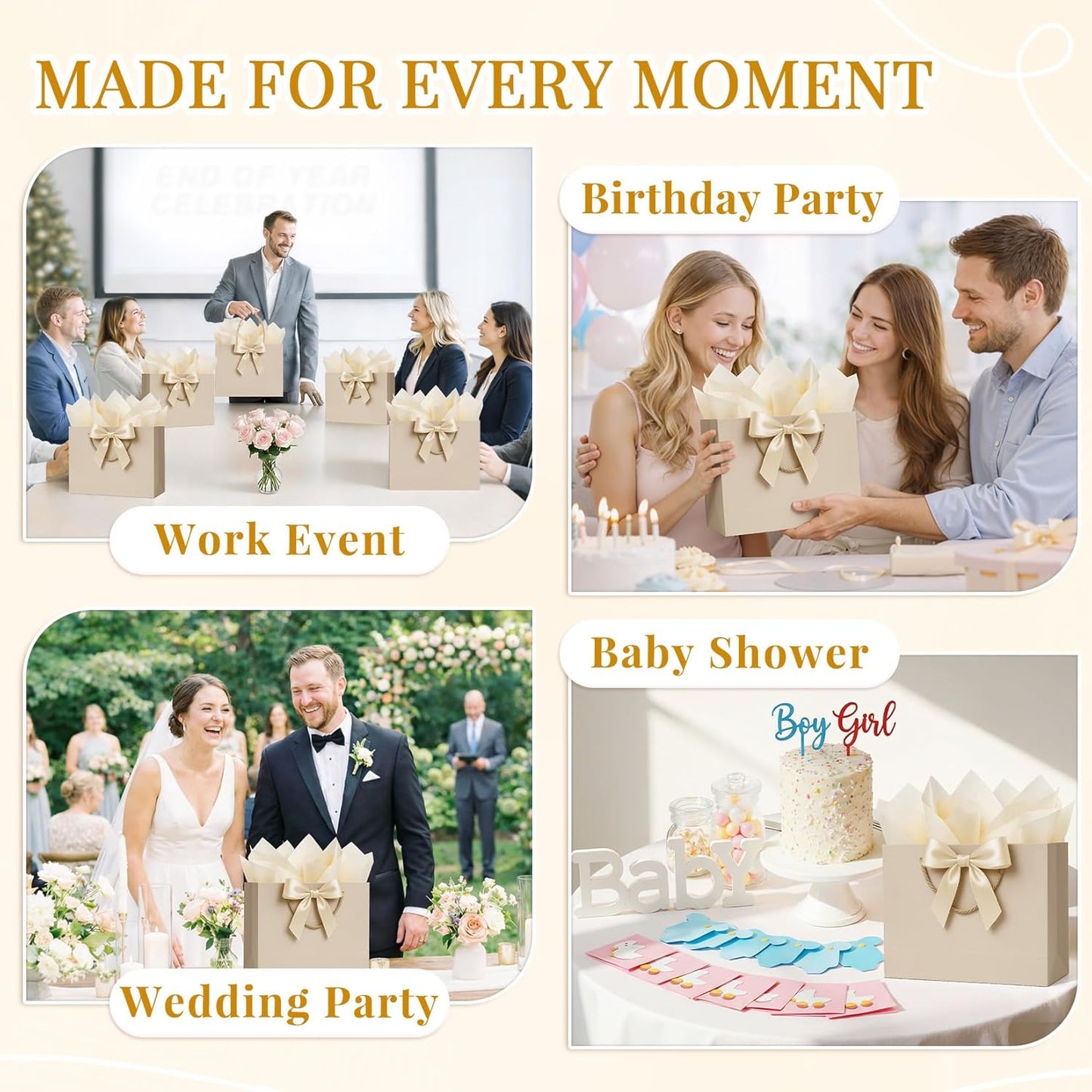 Gift Bags Medium with Handles 2PCS for Wedding Birthday(Champagne) | With 4 Tissue Paper 2 Ribbons 2 Cards, Cute Gifts Wrap Bag for Women Men Girls Bridal Baby Shower Engagement & Anniversary