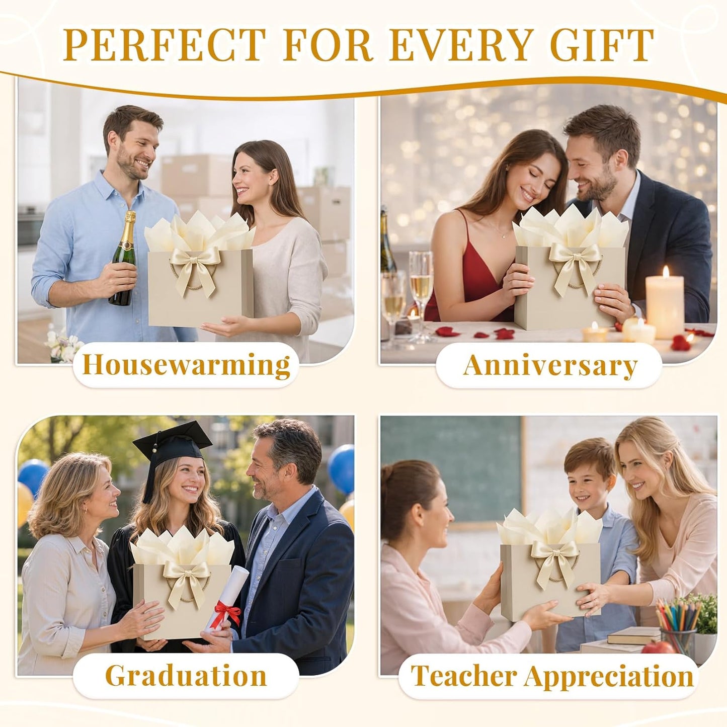 Gift Bags Medium with Handles 2PCS for Wedding Birthday(Champagne) | With 4 Tissue Paper 2 Ribbons 2 Cards, Cute Gifts Wrap Bag for Women Men Girls Bridal Baby Shower Engagement & Anniversary