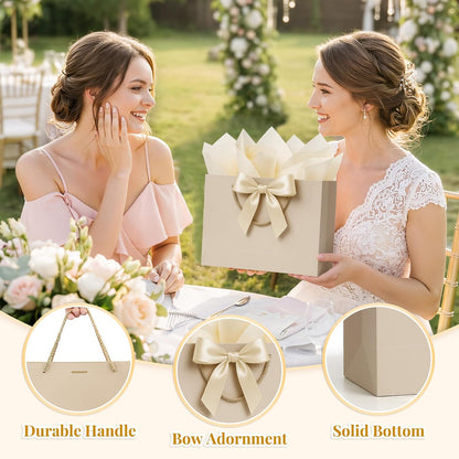 Gift Bags Medium with Handles 2PCS for Wedding Birthday(Champagne) | With 4 Tissue Paper 2 Ribbons 2 Cards, Cute Gifts Wrap Bag for Women Men Girls Bridal Baby Shower Engagement & Anniversary